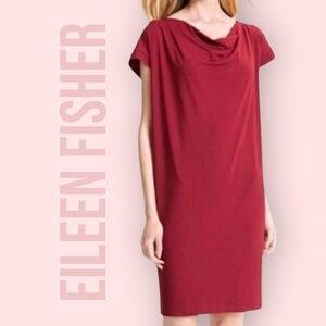 Eileen Fisher Shift Dress Small Red Cowl Neck Cap Sleeve Lagenlook Stretch Boxy